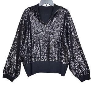 J.Crew Collection Sequin Reversible Zip-Up Turtleneck Sweater Black 3X‎